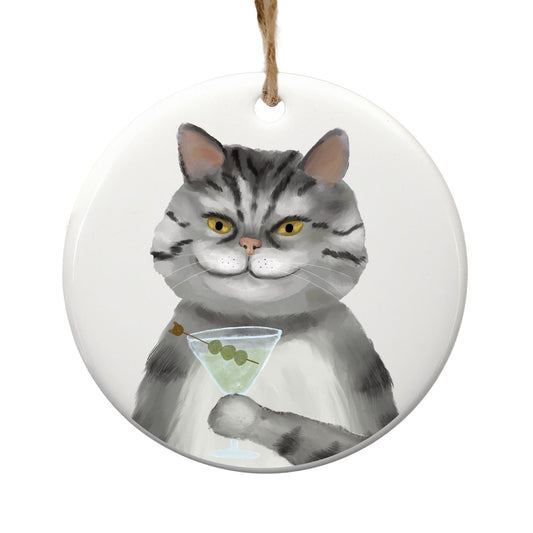 Cool Gray Tabby Cat Ceramic Ornament - MerikaArt