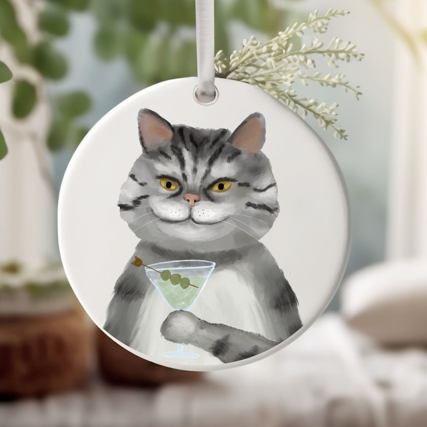Cool Gray Tabby Cat Ceramic Ornament - MerikaArt