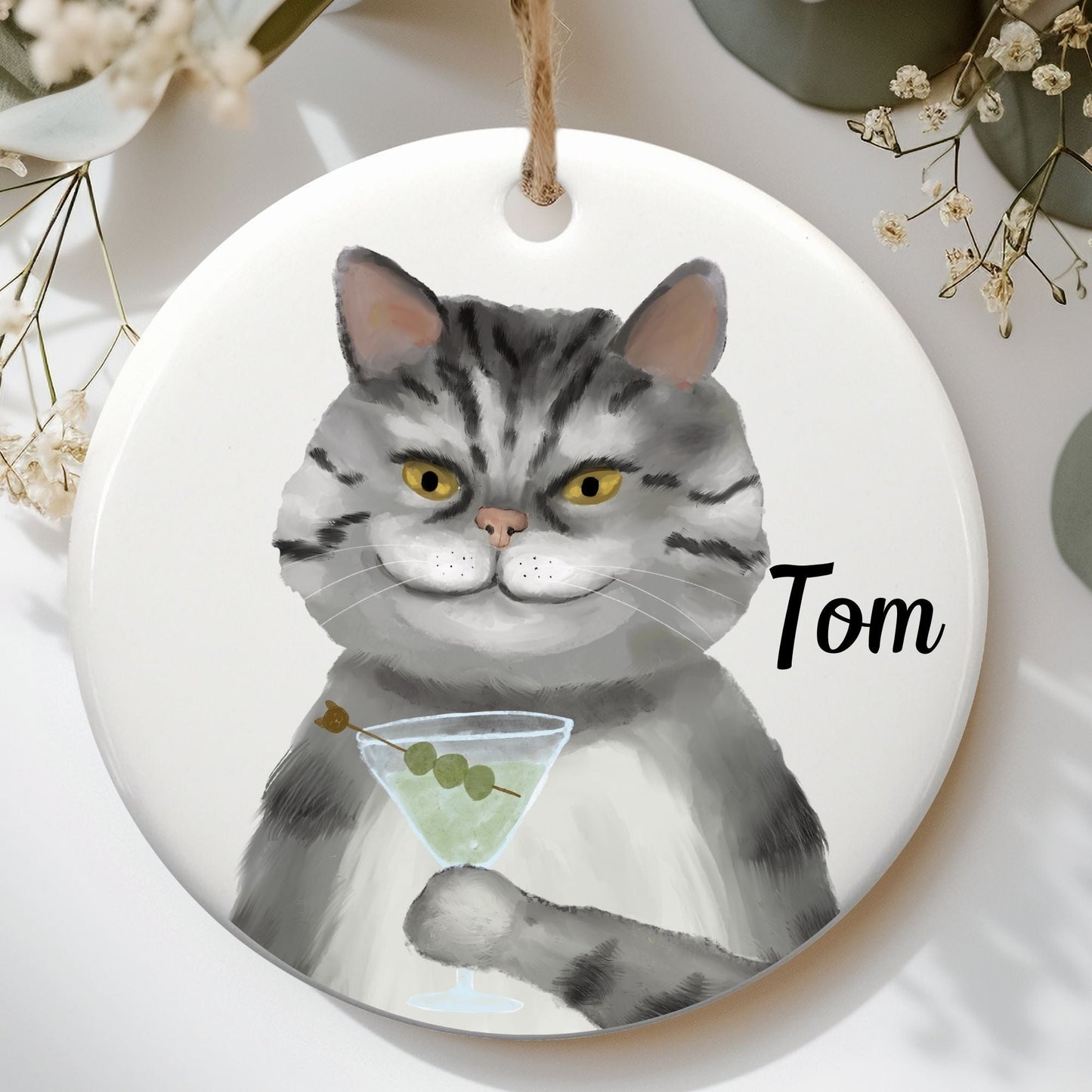 Cool Gray Tabby Cat Ceramic Ornament - MerikaArt