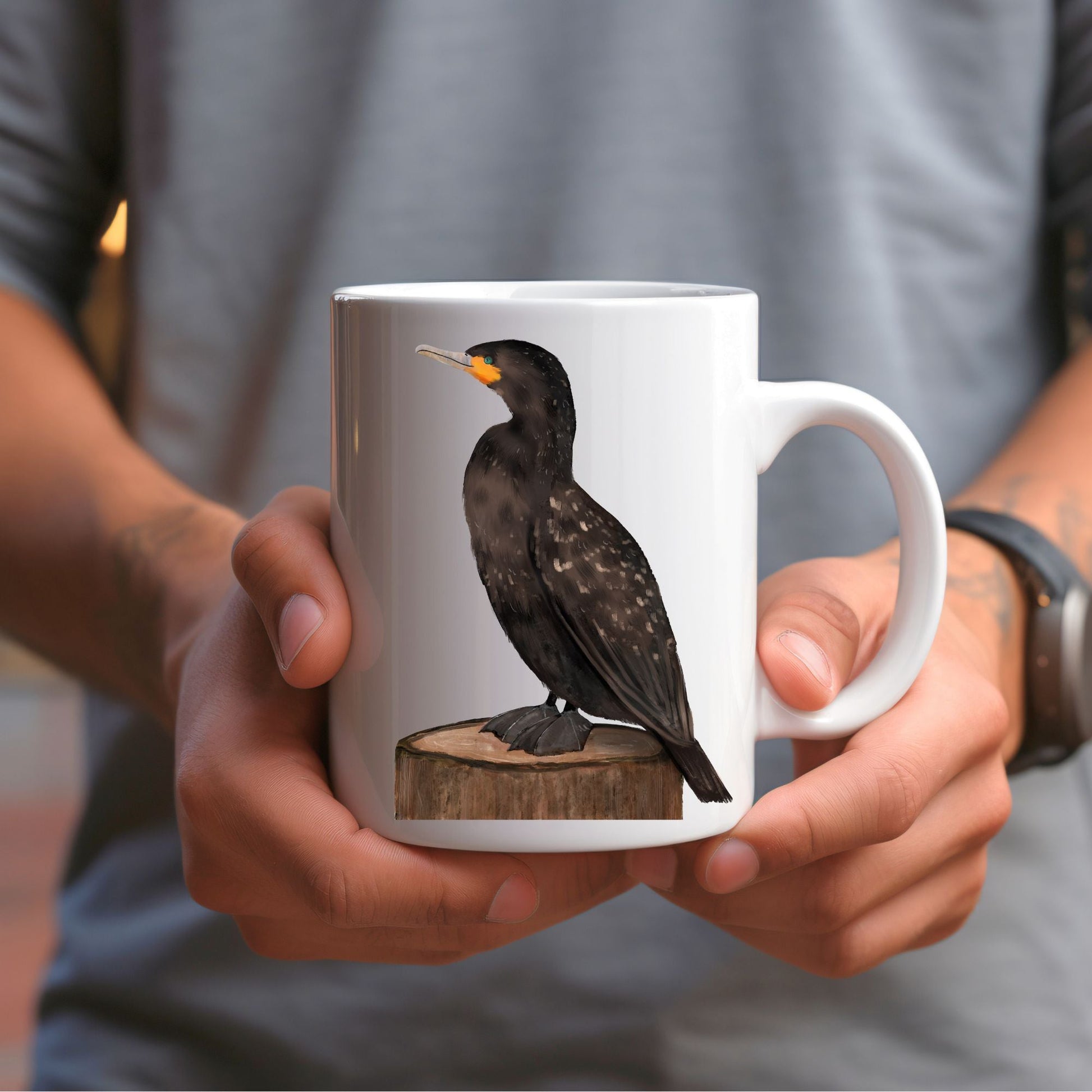 Cormorant Bird Mug with Artistic Illustration - MerikaArt