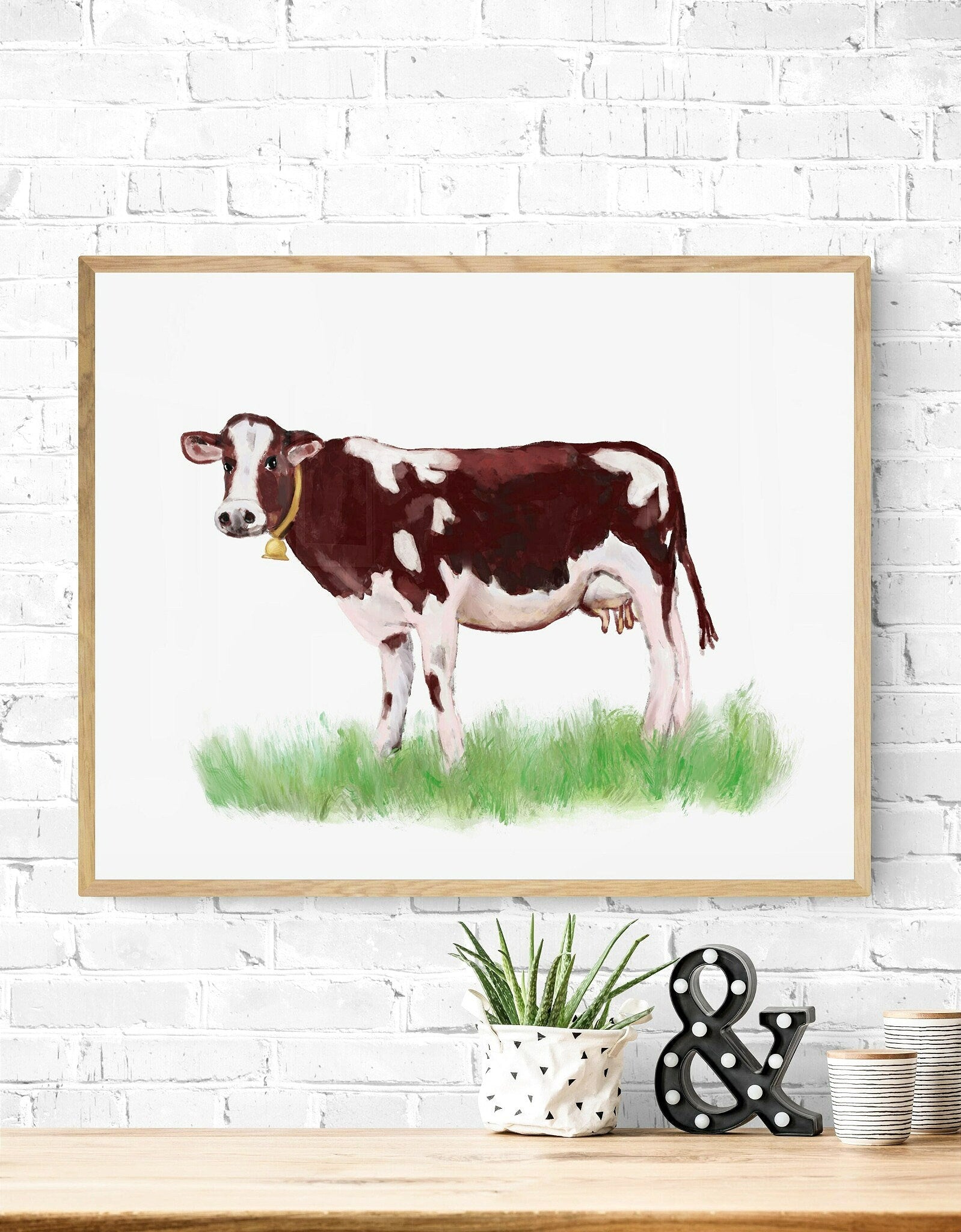 Cow Print, Brown Cow Painting, Animal Art, Living Room Wall Art, Home Decor, Farm Animals Illustration, Animal Lover, Farmhouse Decor - MerikaArt