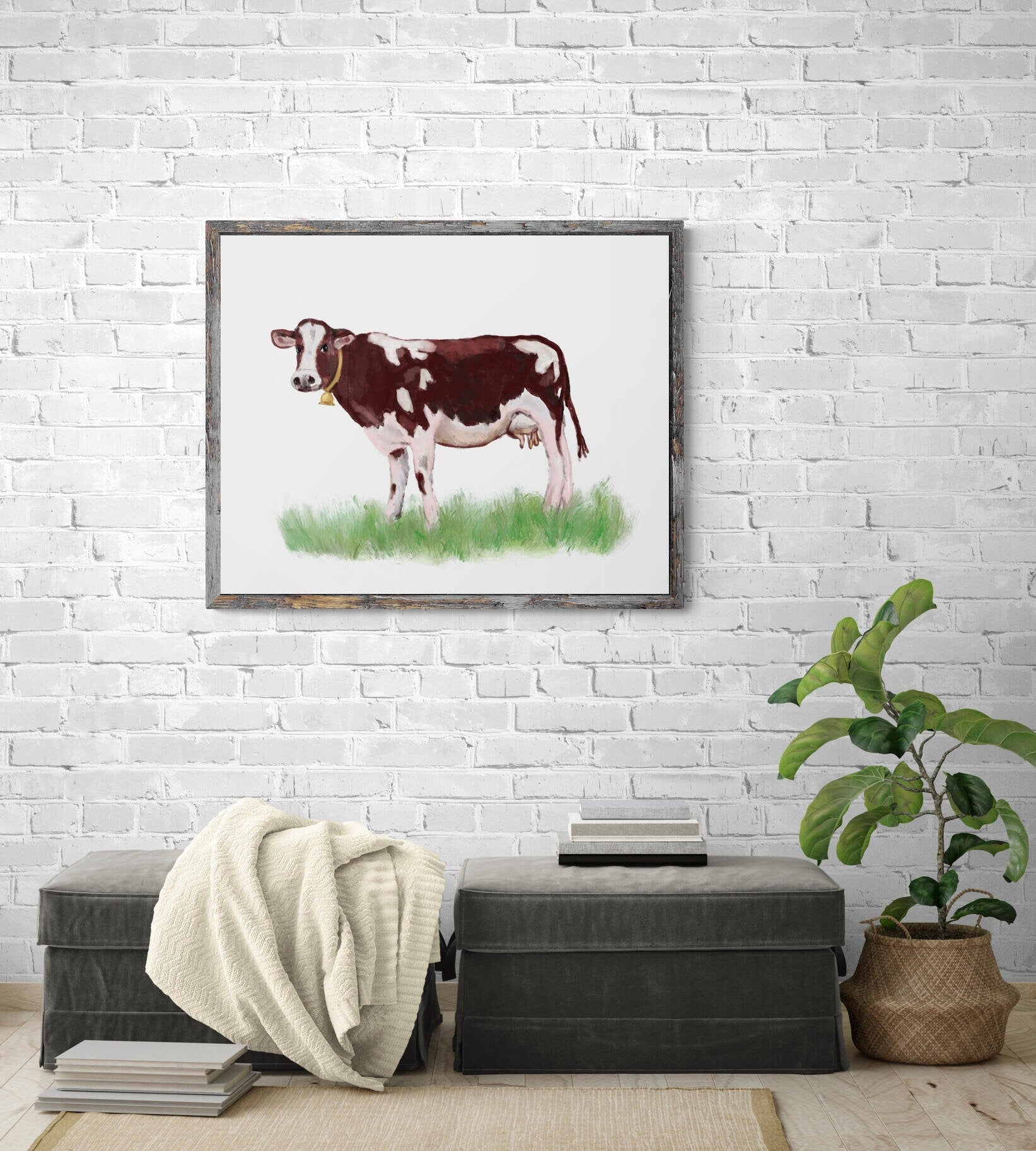 Cow Print, Brown Cow Painting, Animal Art, Living Room Wall Art, Home Decor, Farm Animals Illustration, Animal Lover, Farmhouse Decor - MerikaArt