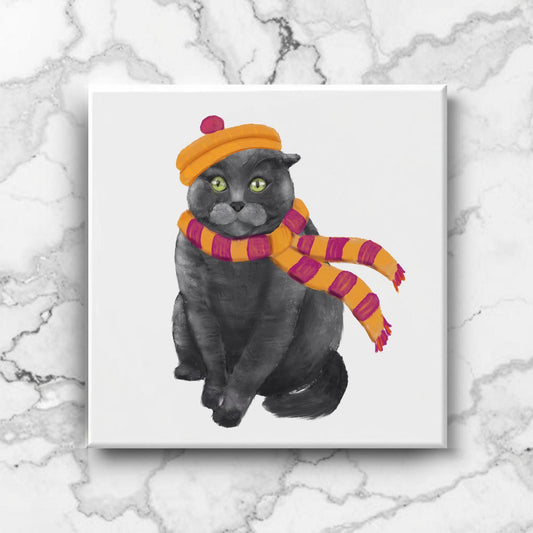 Cozy Black Cat with Hat and Scarf Ceramic Tile - MerikaArt