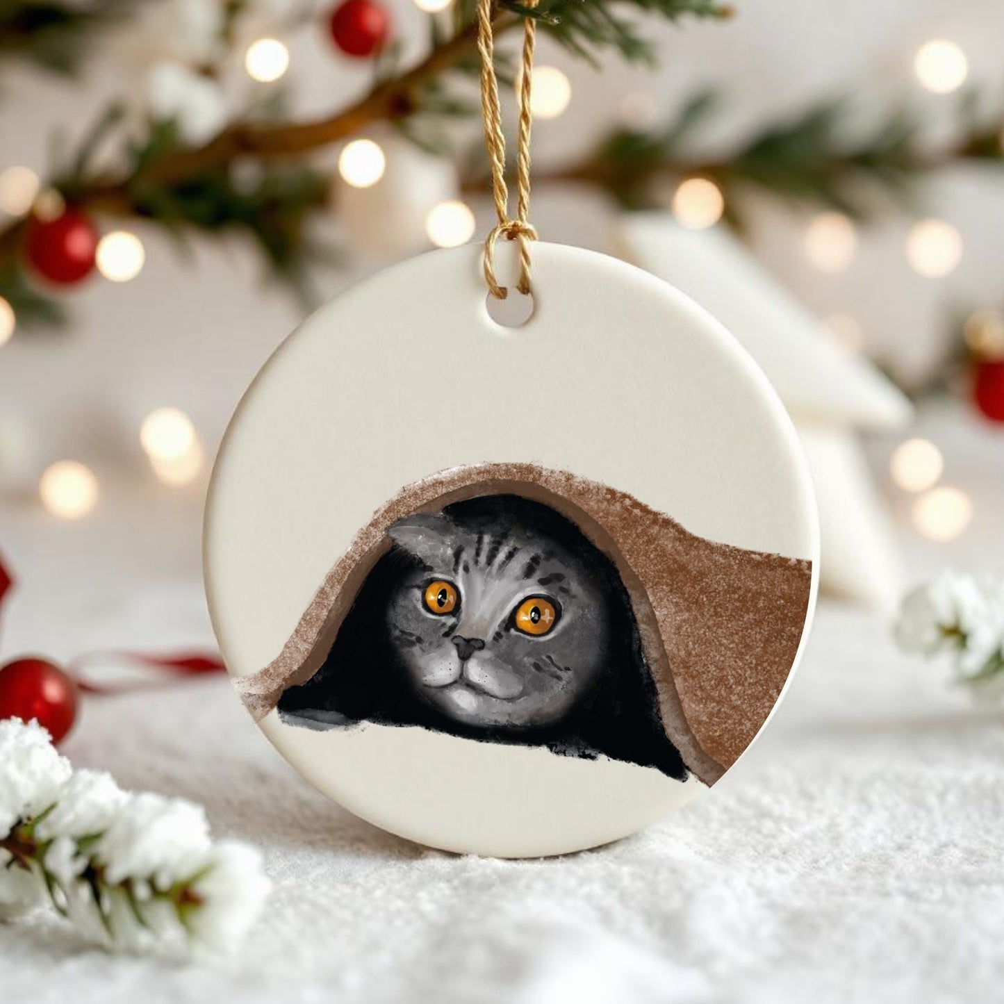Cozy Cat Under Blanket Ceramic Ornament - MerikaArt
