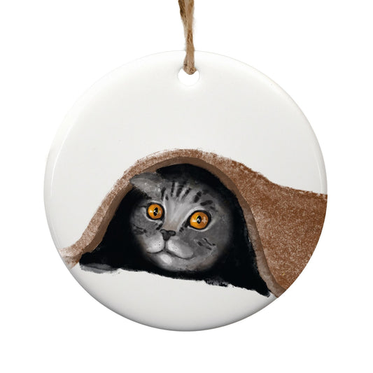 Cozy Cat Under Blanket Ceramic Ornament - MerikaArt