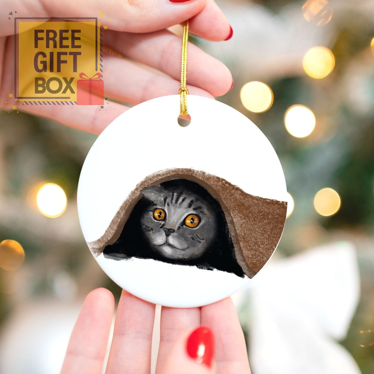 Cozy Cat Under Blanket Ceramic Ornament - MerikaArt