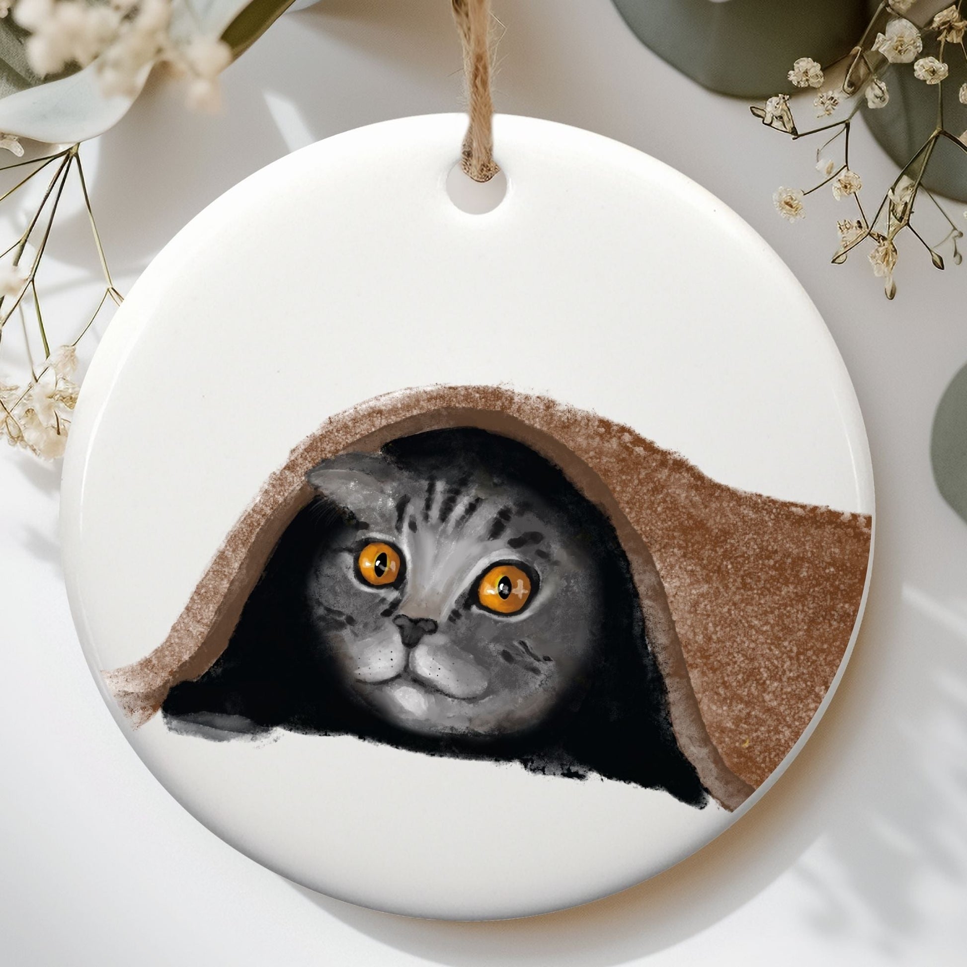 Cozy Cat Under Blanket Ceramic Ornament - MerikaArt