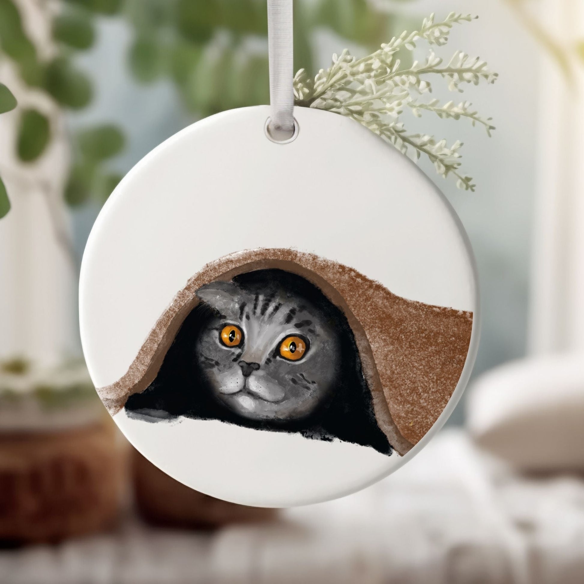 Cozy Cat Under Blanket Ceramic Ornament - MerikaArt