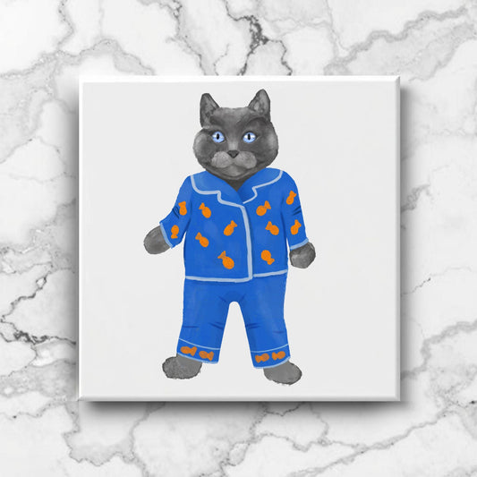 Cozy Gray Cat in Blue Pajamas Ceramic Tile - MerikaArt