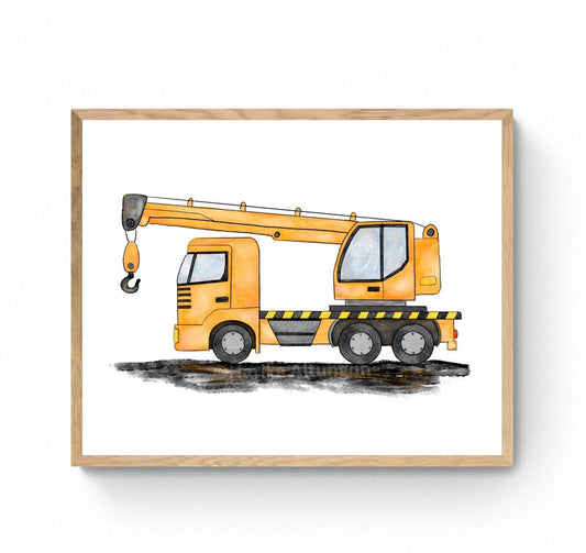 Crane Wall Art, Construction Wall Art, Original Painting, Boys Nursery Art, Construction Vehicle Poster, Nursery Gift, Crane Tractor Drawing - MerikaArt