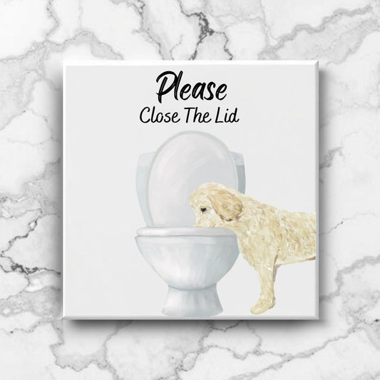 Cream Golden Retriever Close The Lid Ceramic Tile - MerikaArt