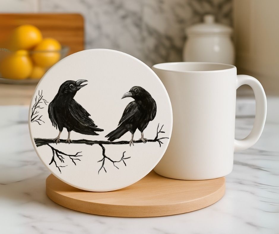 Crow Pair Ceramic Coaster - MerikaArt