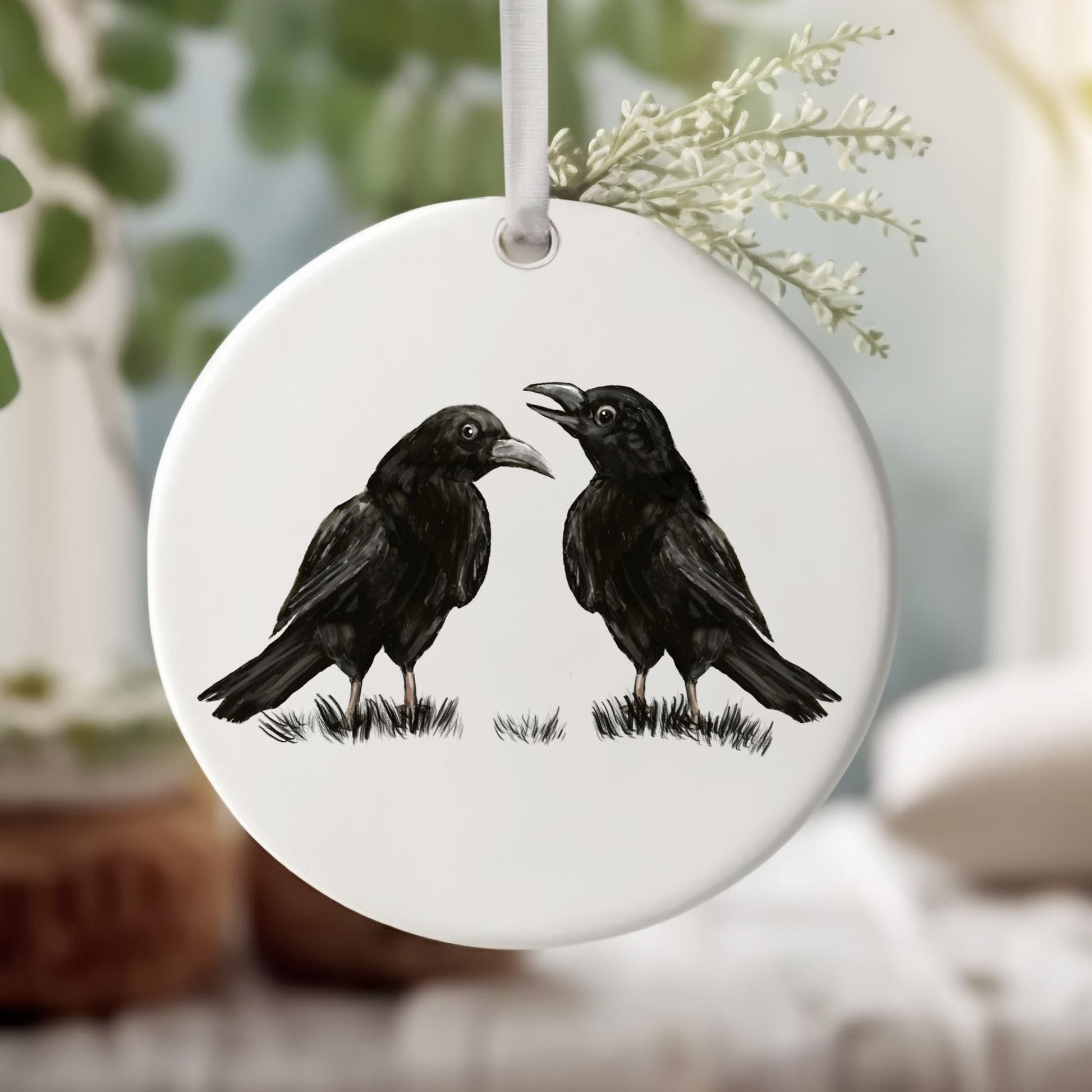 Crow Pair Ceramic Ornament - MerikaArt