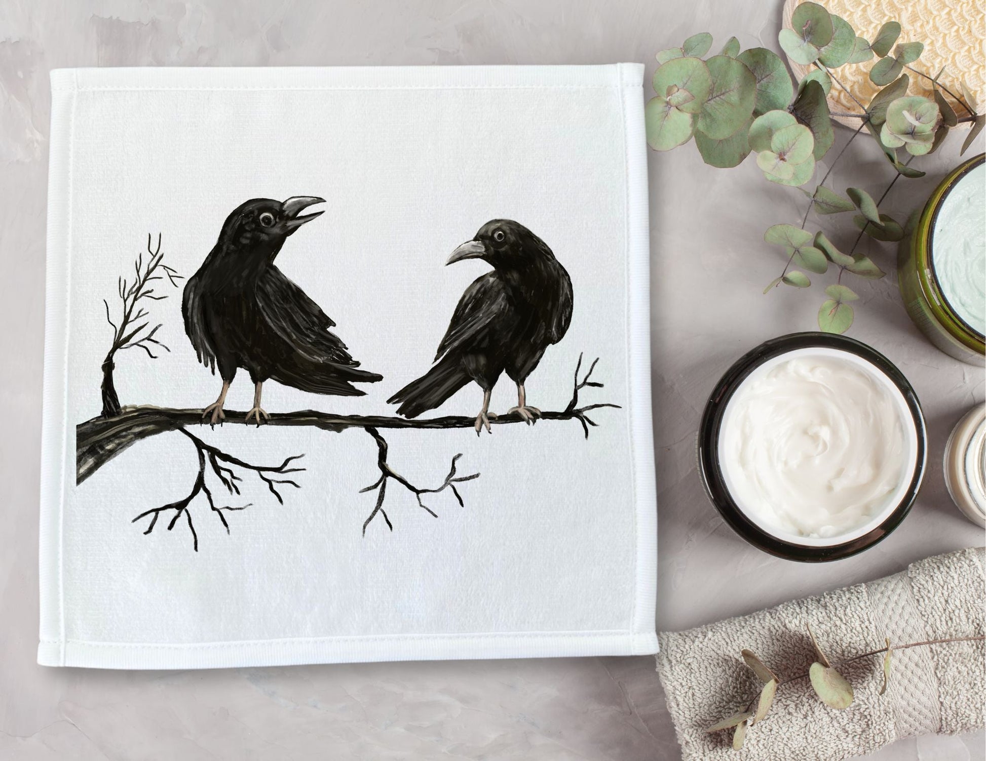 Crows on a Branch Washcloth – A Mysterious Gift for Bird Lovers - MerikaArt