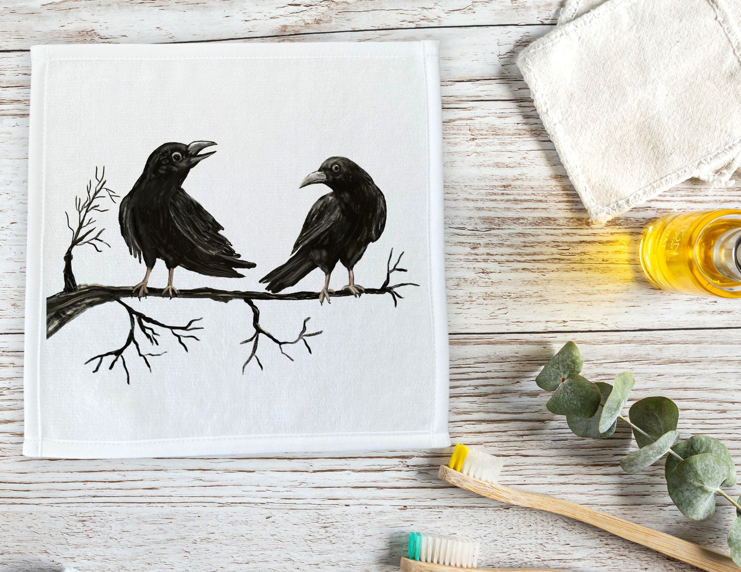 Crows on a Branch Washcloth – A Mysterious Gift for Bird Lovers - MerikaArt