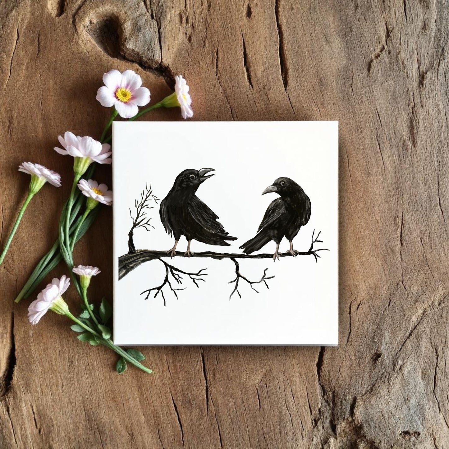 Crows on Branch Ceramic Tile – Handcrafted Bird Lover Artwork - MerikaArt