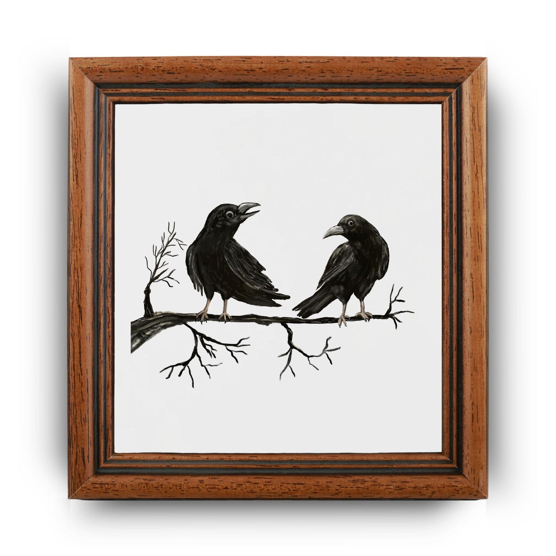 Crows on Branch Ceramic Tile – Handcrafted Bird Lover Artwork - MerikaArt