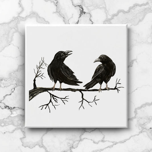 Crows on Branch Ceramic Tile – Handcrafted Bird Lover Artwork - MerikaArt