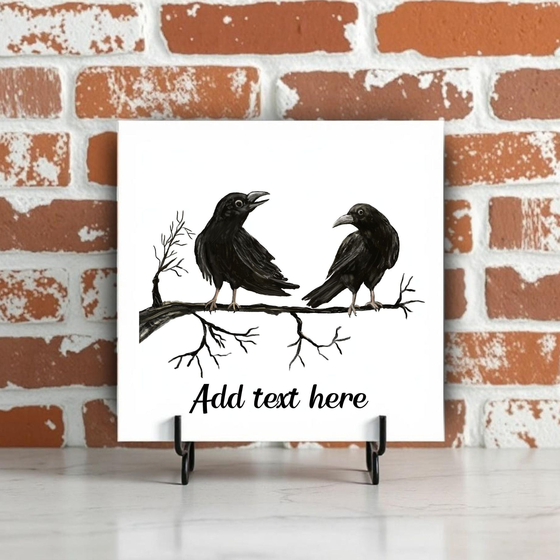 Crows on Branch Ceramic Tile – Handcrafted Bird Lover Artwork - MerikaArt