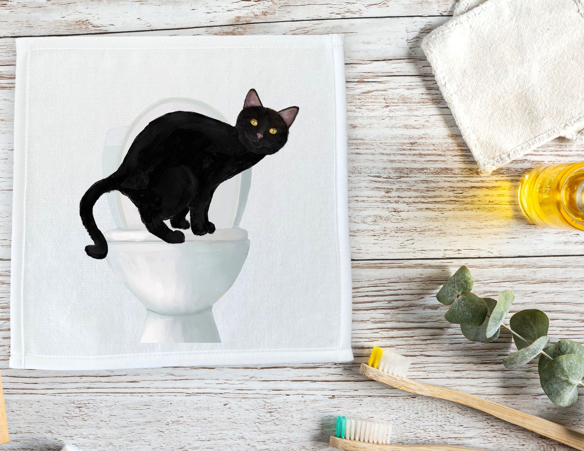 Curious Black Cat Toilet Washcloth – Quirky and Fun Gift - MerikaArt