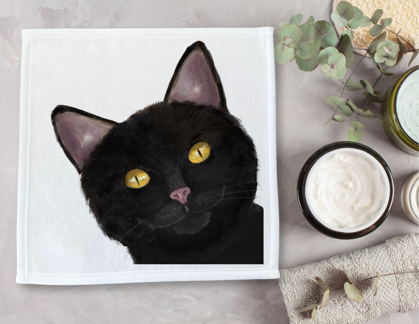 Curious Black Cat Washcloth - MerikaArt