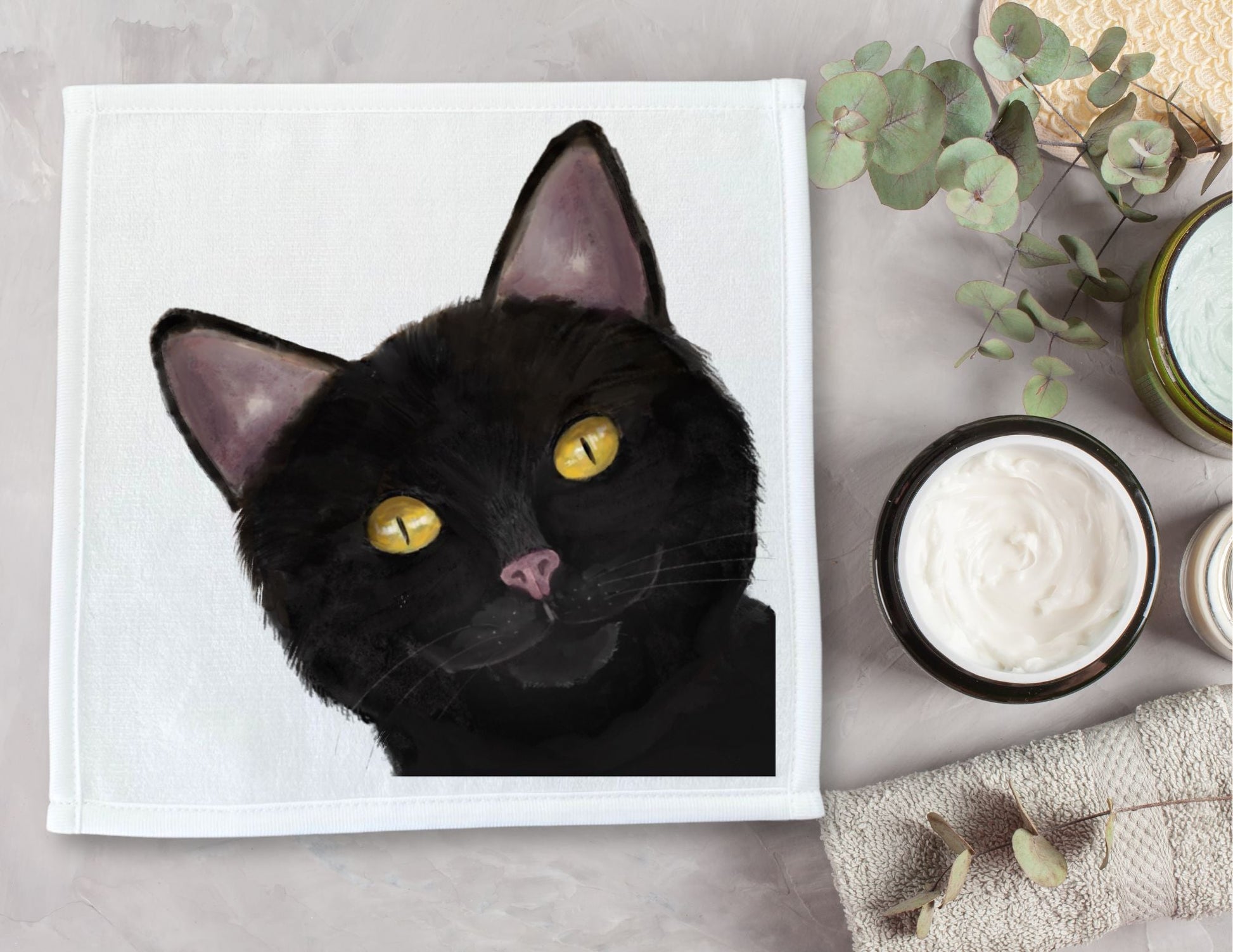 Curious Black Cat Washcloth - MerikaArt