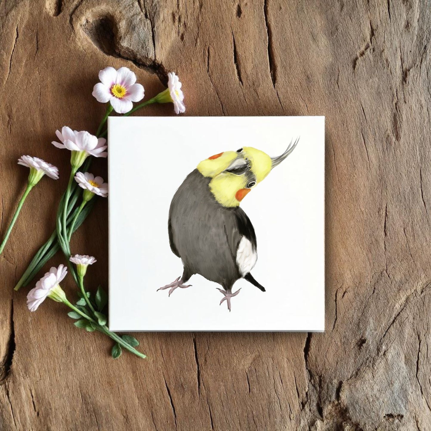 Curious Cockatiel Ceramic Tile – Handcrafted Bird Art Decor - MerikaArt