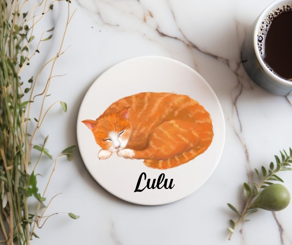 Curled Sleeping Ginger Cat Ceramic Coaster - MerikaArt