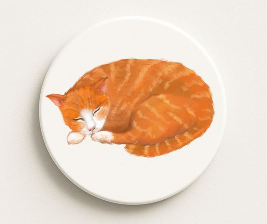 Curled Sleeping Ginger Cat Ceramic Coaster - MerikaArt