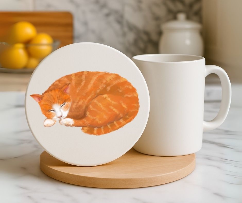 Curled Sleeping Ginger Cat Ceramic Coaster - MerikaArt