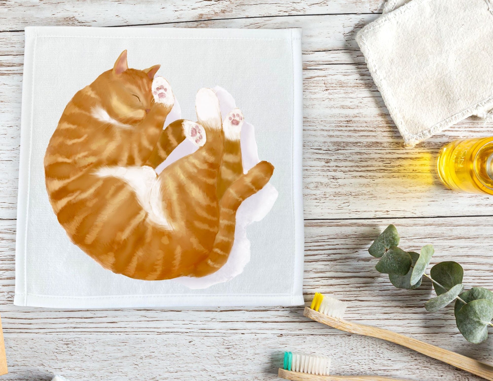Curled - Up Orange Tabby Cat Washcloth - MerikaArt