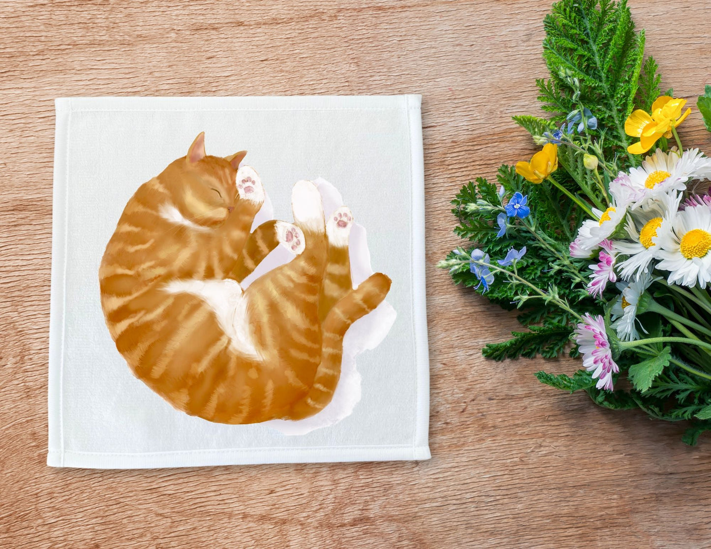 Curled - Up Orange Tabby Cat Washcloth - MerikaArt