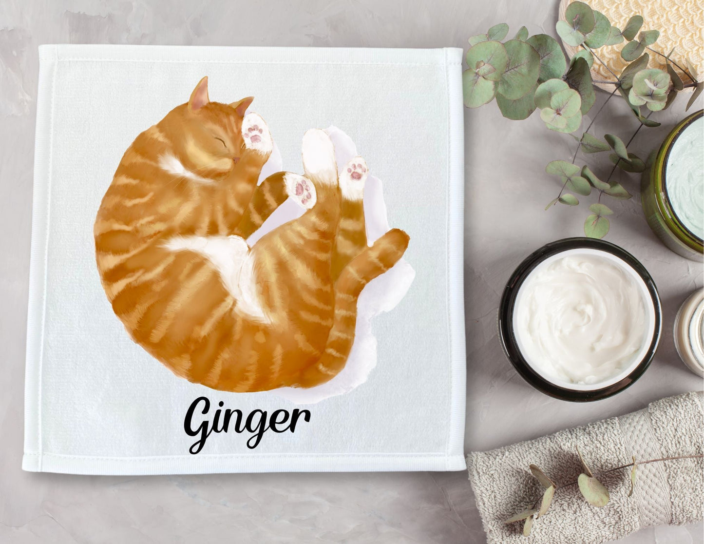 Curled - Up Orange Tabby Cat Washcloth - MerikaArt