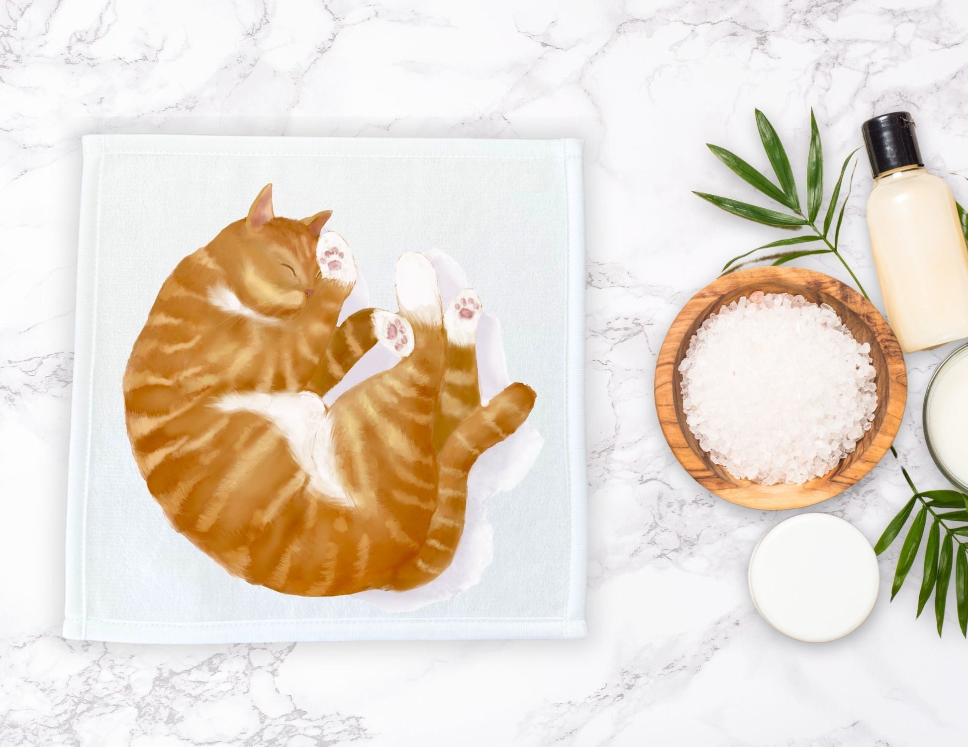 Curled - Up Orange Tabby Cat Washcloth - MerikaArt