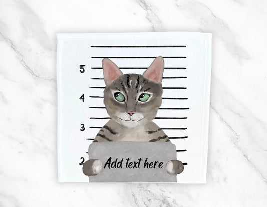 Customizable Tabby Cat Mugshot Washcloth | Add Your Text - MerikaArt