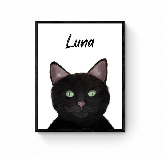 Customized Black Cat Portrait, Personalized Cat Name Print, Pet Painting, Black Cat With Green Eyes, Animal Memorial, Cat Lover Gift - MerikaArt