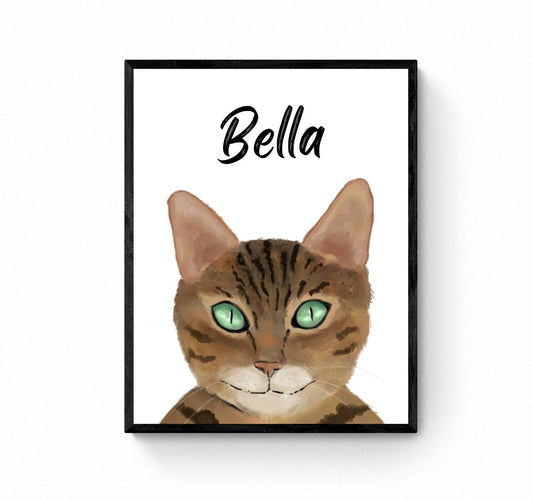 Customized Gold Bengal Cat Portrait, Personalized Cat Name Print, Pet Painting, Bengal Cat With Green Eyes, Animal Memorial, Cat Lover Gift - MerikaArt