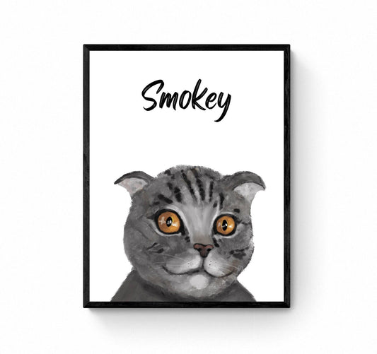 Customized Scottish Fold Cat Portrait, Personalized Cat Name Print, Pet Painting, Gray Cat With Brown Eyes, Animal Memorial, Cat Lover Gift - MerikaArt