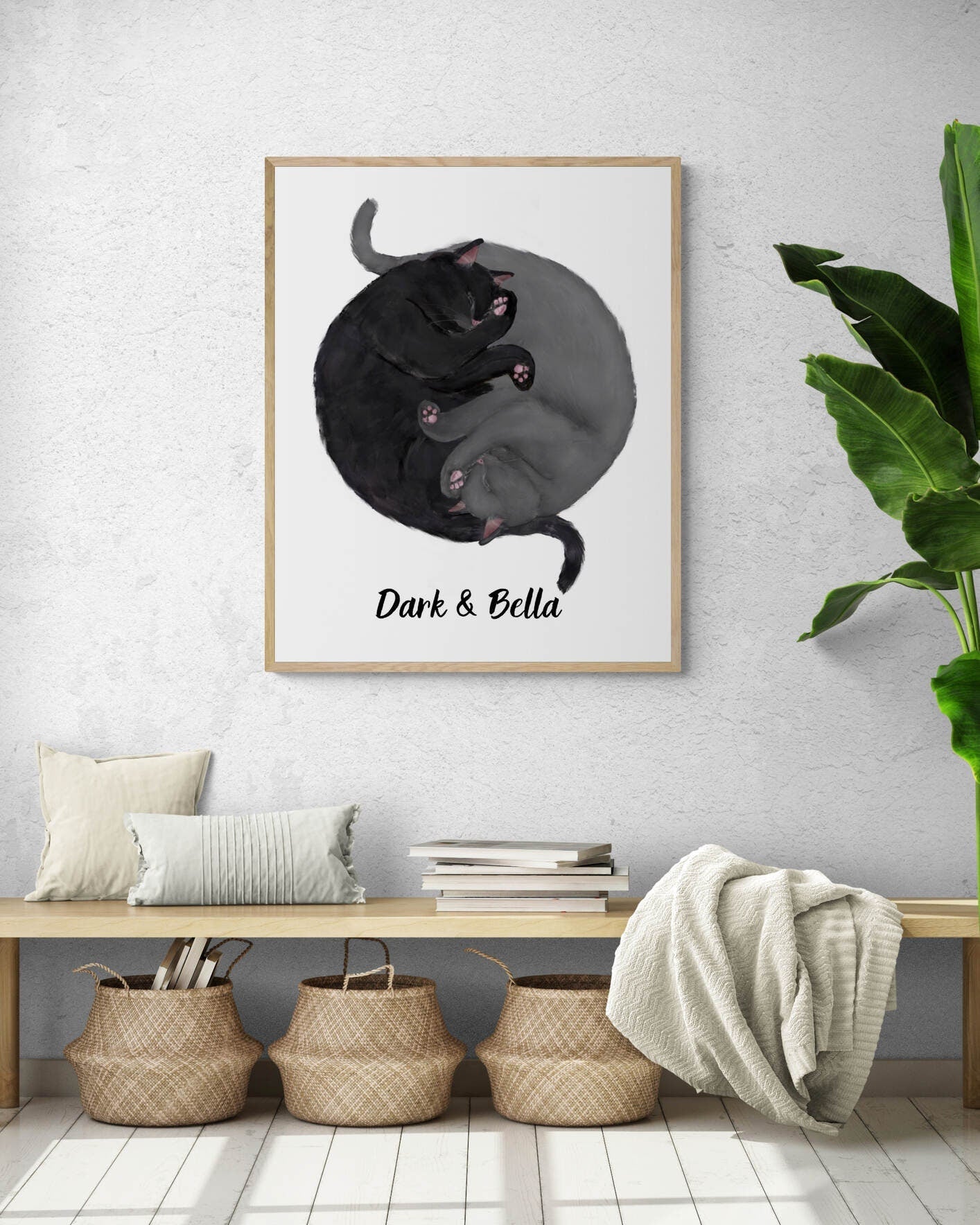 Customized Sleeping Black And Gray British S Cat Print, Custom Cuddling Gray and Black Cat, Cat Illustration, Home Decor, Lazy Cat Painting - MerikaArt