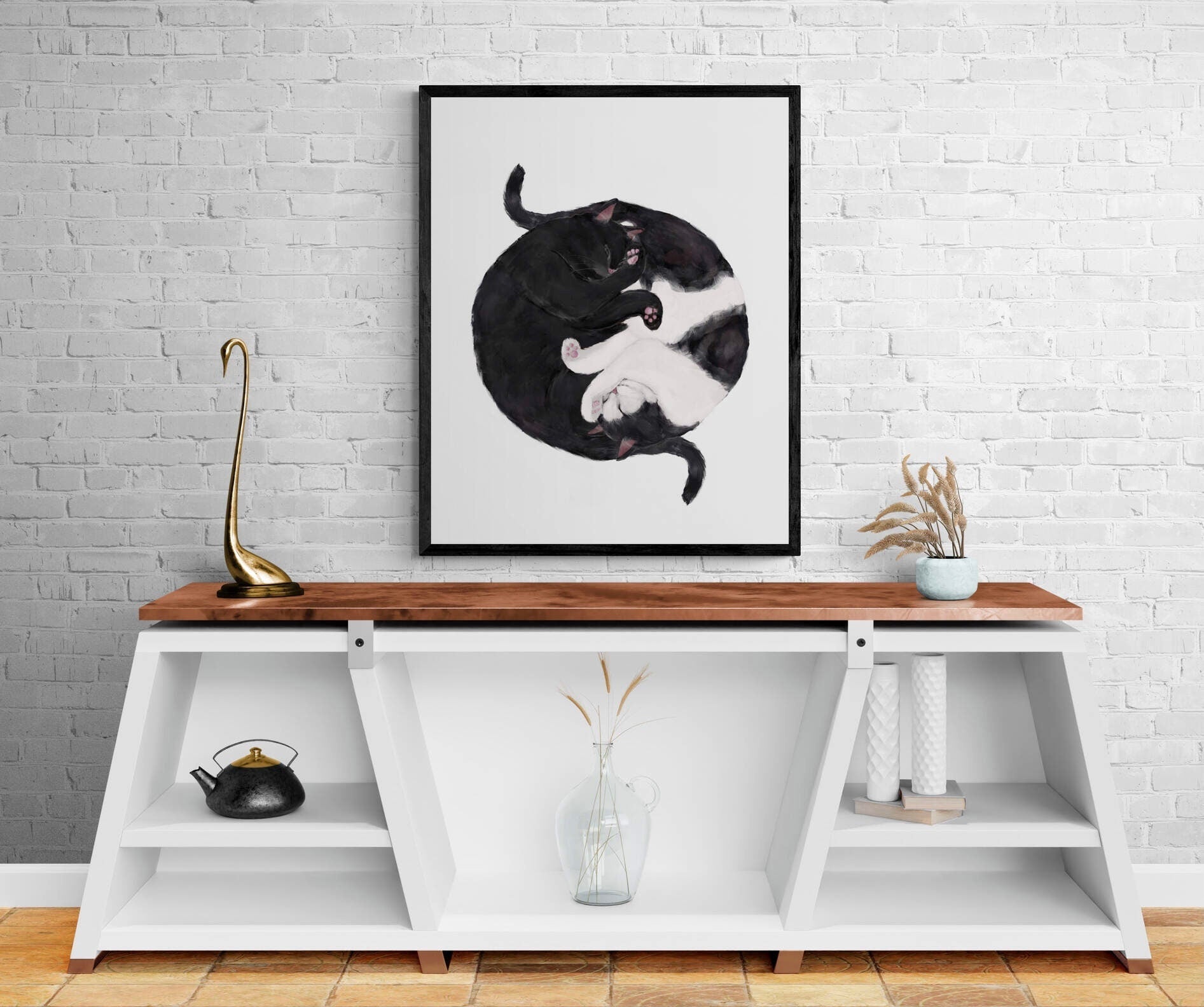 Customized Sleeping Black And Tuxedo Cat Print, Custom Cuddling White and Black Cat, Cat Illustration, Home Decor, Lazy Cat Painting - MerikaArt