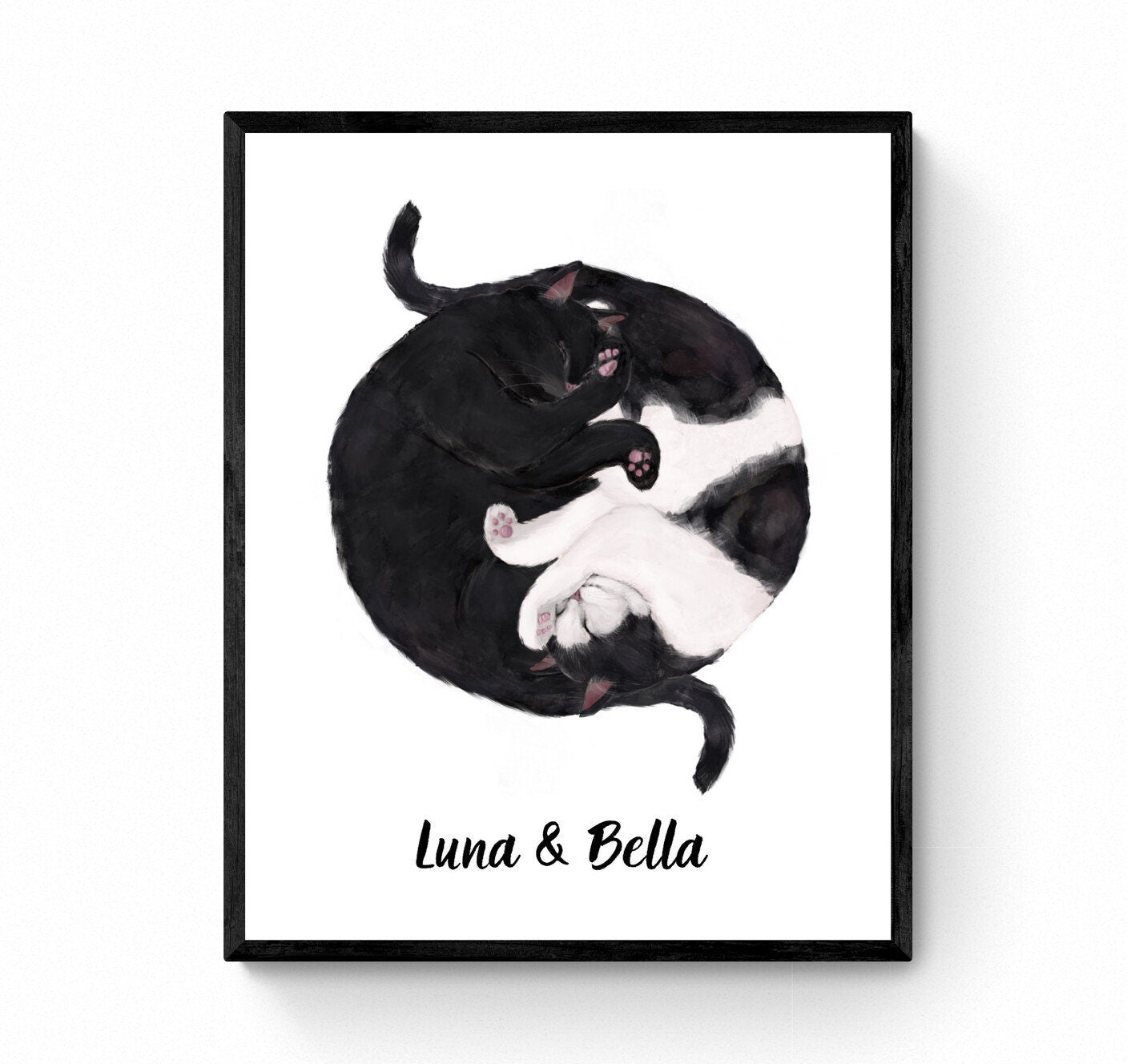 Customized Sleeping Black And Tuxedo Cat Print, Custom Cuddling White and Black Cat, Cat Illustration, Home Decor, Lazy Cat Painting - MerikaArt