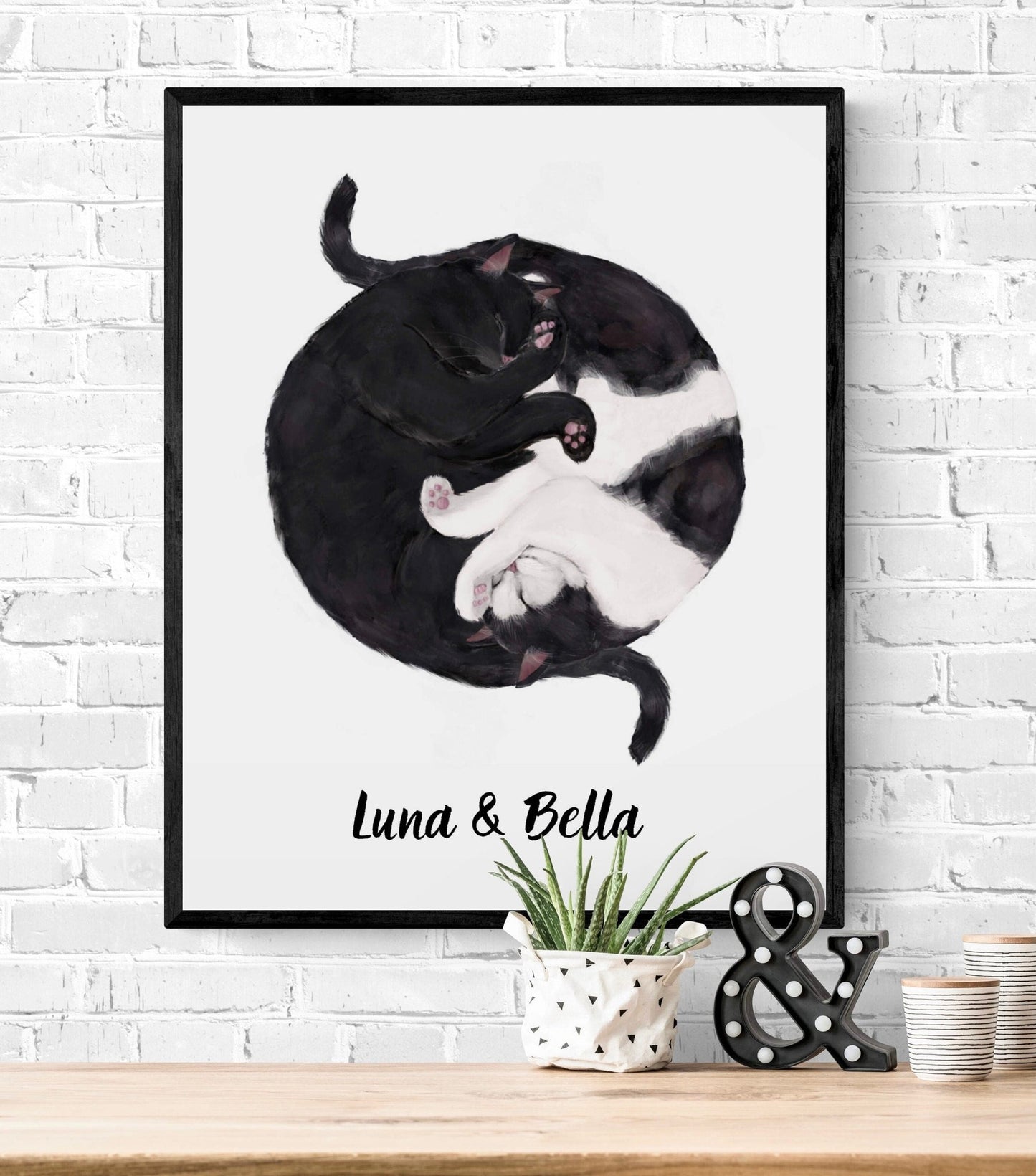 Customized Sleeping Black And Tuxedo Cat Print, Custom Cuddling White and Black Cat, Cat Illustration, Home Decor, Lazy Cat Painting - MerikaArt