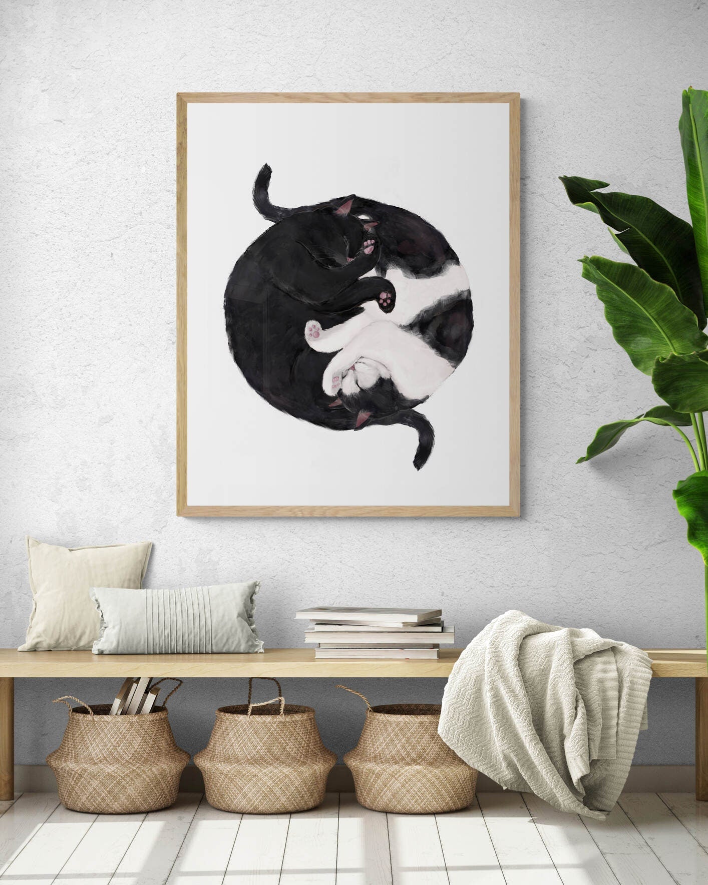 Customized Sleeping Black And Tuxedo Cat Print, Custom Cuddling White and Black Cat, Cat Illustration, Home Decor, Lazy Cat Painting - MerikaArt