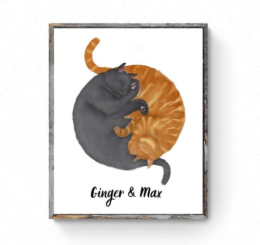 Customized Sleeping Gray And Orange Tabby Cat Print, Custom Cuddling Ginger and Gray Cat, Cat Illustration, Home Decor, Lazy Cat Painting - MerikaArt