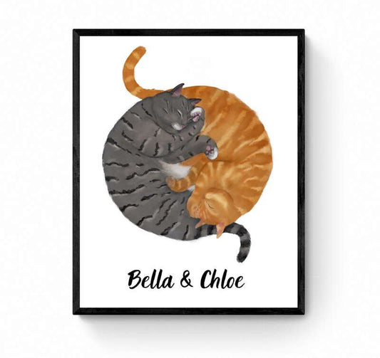 Customized Sleeping Orange And Gray Tabby Cat Print, Custom Cuddling Cats, Cat Illustration, Home Decor, Lazy Cat Painting, Pet Loss Gift - MerikaArt