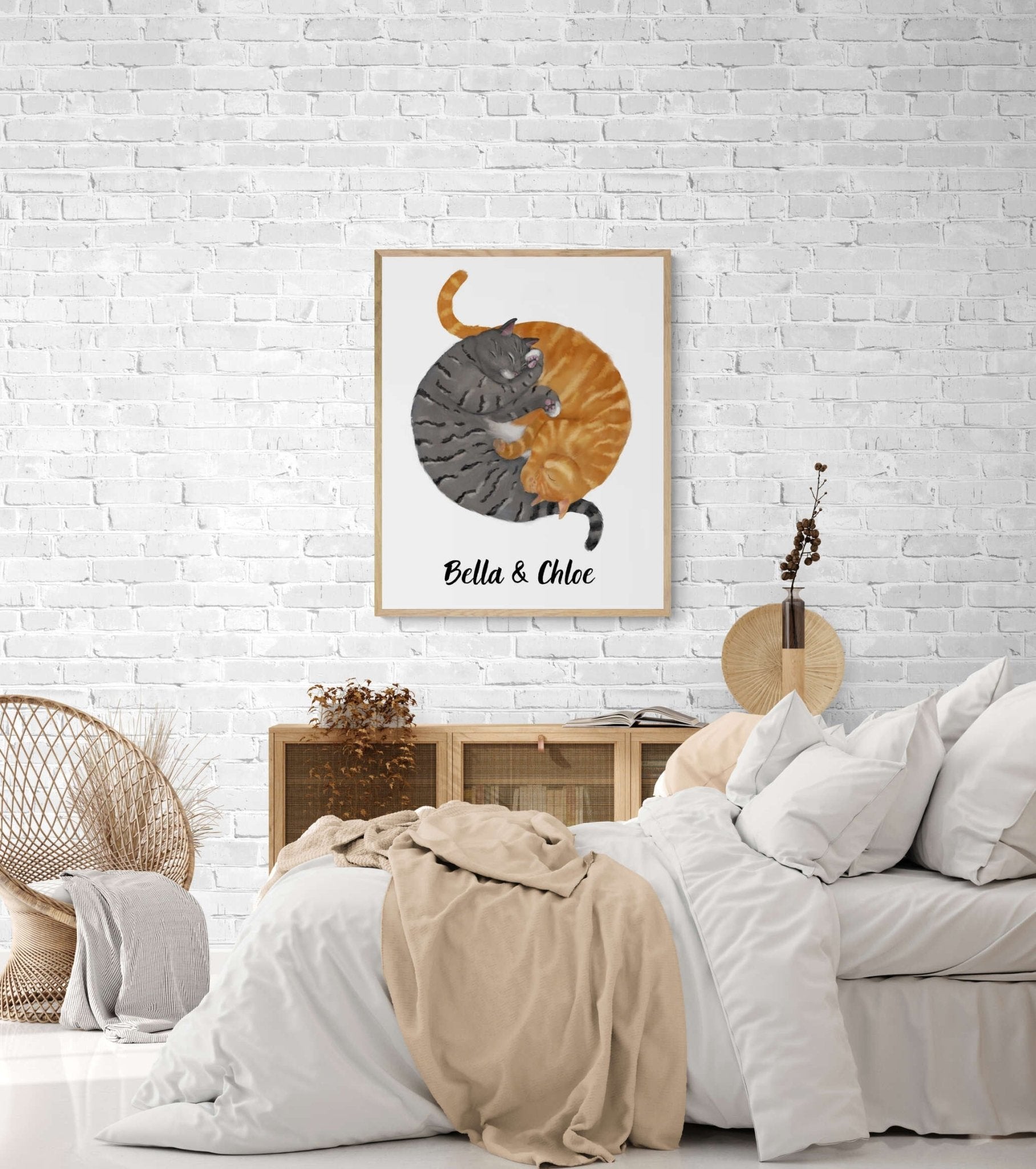 Customized Sleeping Orange And Gray Tabby Cat Print, Custom Cuddling Cats, Cat Illustration, Home Decor, Lazy Cat Painting, Pet Loss Gift - MerikaArt