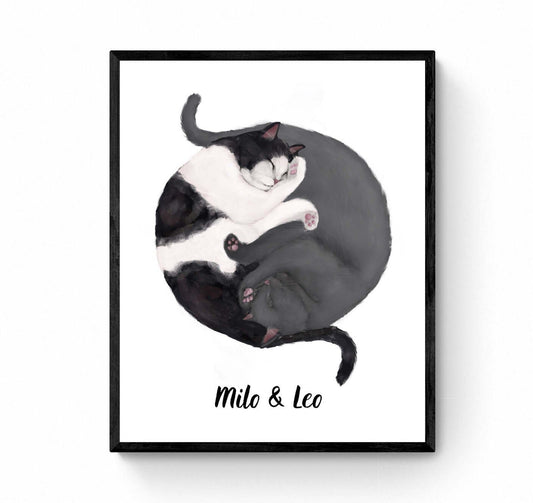 Customized Sleeping Tuxedo And Gray Cat Print, Custom Cuddling Gray British, Cat Illustration, Home Decor, Lazy Cat Painting, Pet Loss Gift - MerikaArt