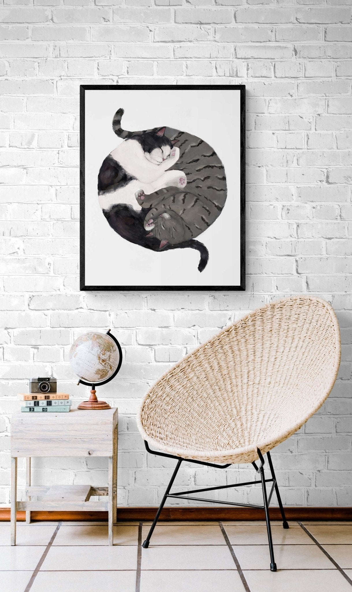 Customized Sleeping Tuxedo And Gray Tabby Cat Print, Custom Cuddling Cats, Cat Illustration, Home Decor, Lazy Cat Painting, Pet Loss Gift - MerikaArt