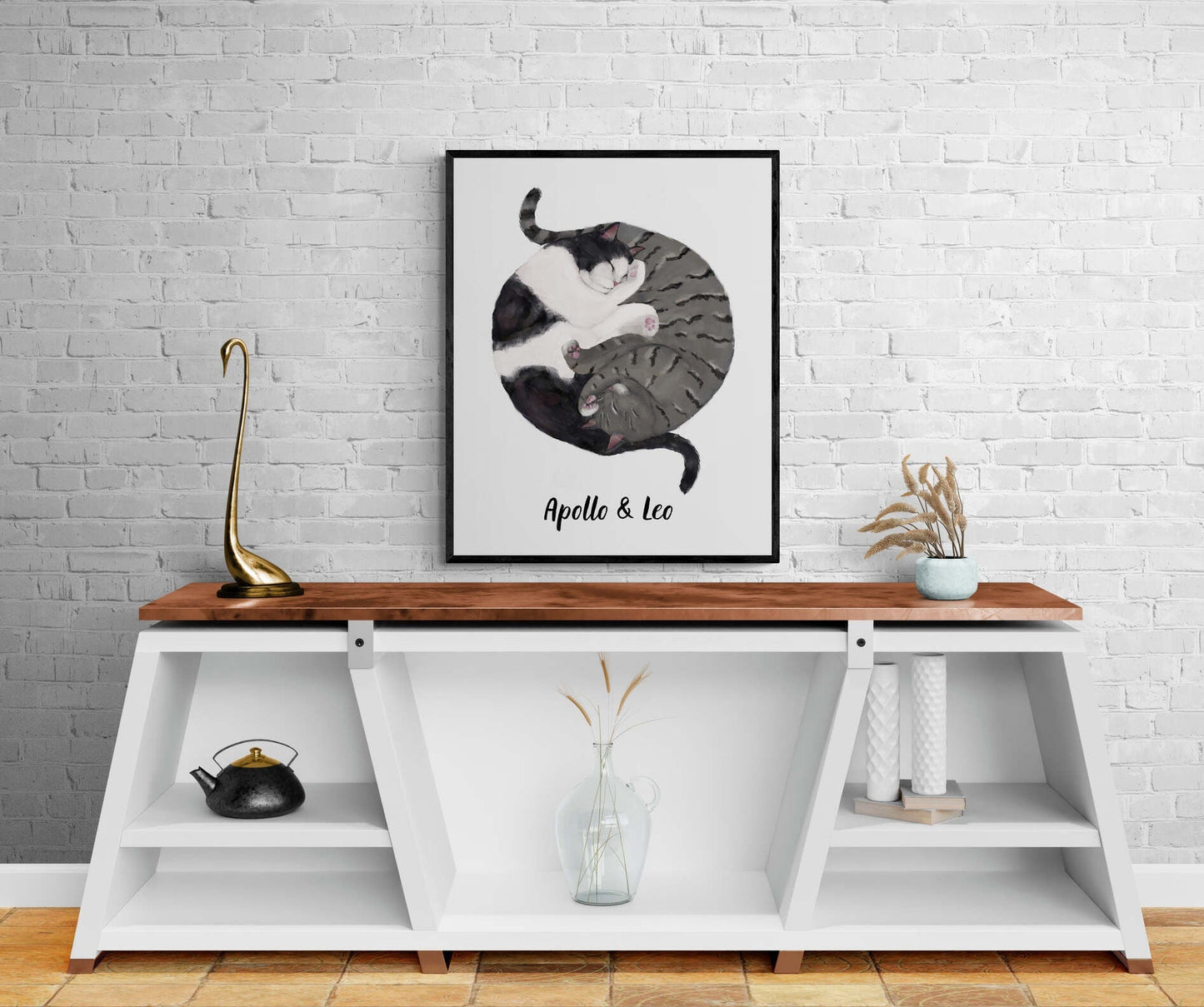 Customized Sleeping Tuxedo And Gray Tabby Cat Print, Custom Cuddling Cats, Cat Illustration, Home Decor, Lazy Cat Painting, Pet Loss Gift - MerikaArt