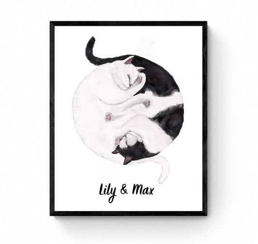 Customized Sleeping Tuxedo And White Tabby Cat Print, Custom Cuddling Cats, Cat Illustration, Home Decor, Lazy Cat Painting, Pet Loss Gift - MerikaArt